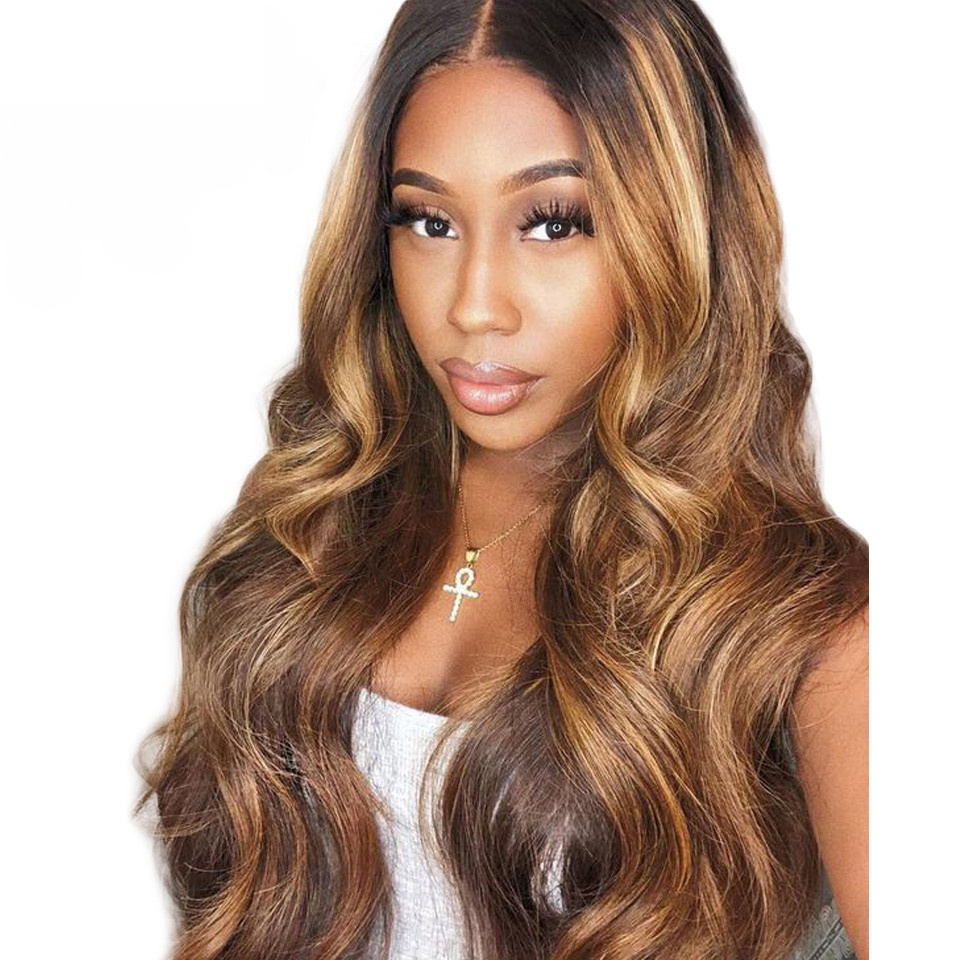 Body Wave Human Hair Wigs with Blonde Highlighted Human Hair Lace Front Wig
