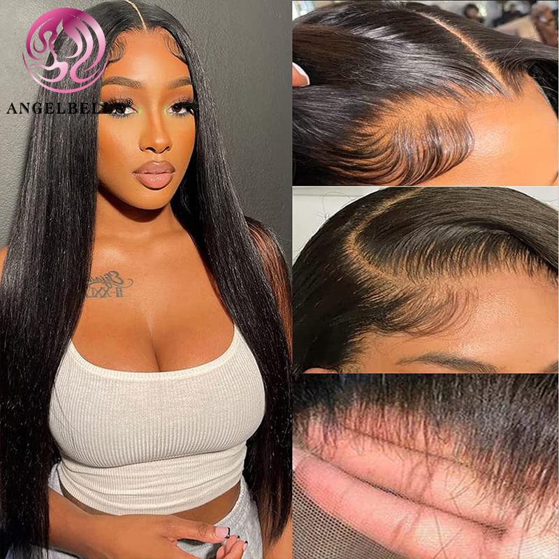AngelBella Glory Virgin Hair 13X4 1B# Straight Glueless 150% Density Brazilian Virgin Human Hair HD Lace Frontal Wigs Pre Plucked with Baby Hair
