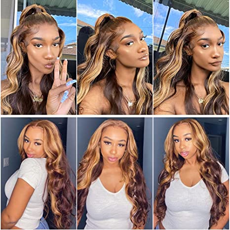 100% Human Hair Lace Front Wigs Body Wave Highlight Lace Front Wig for Black Women