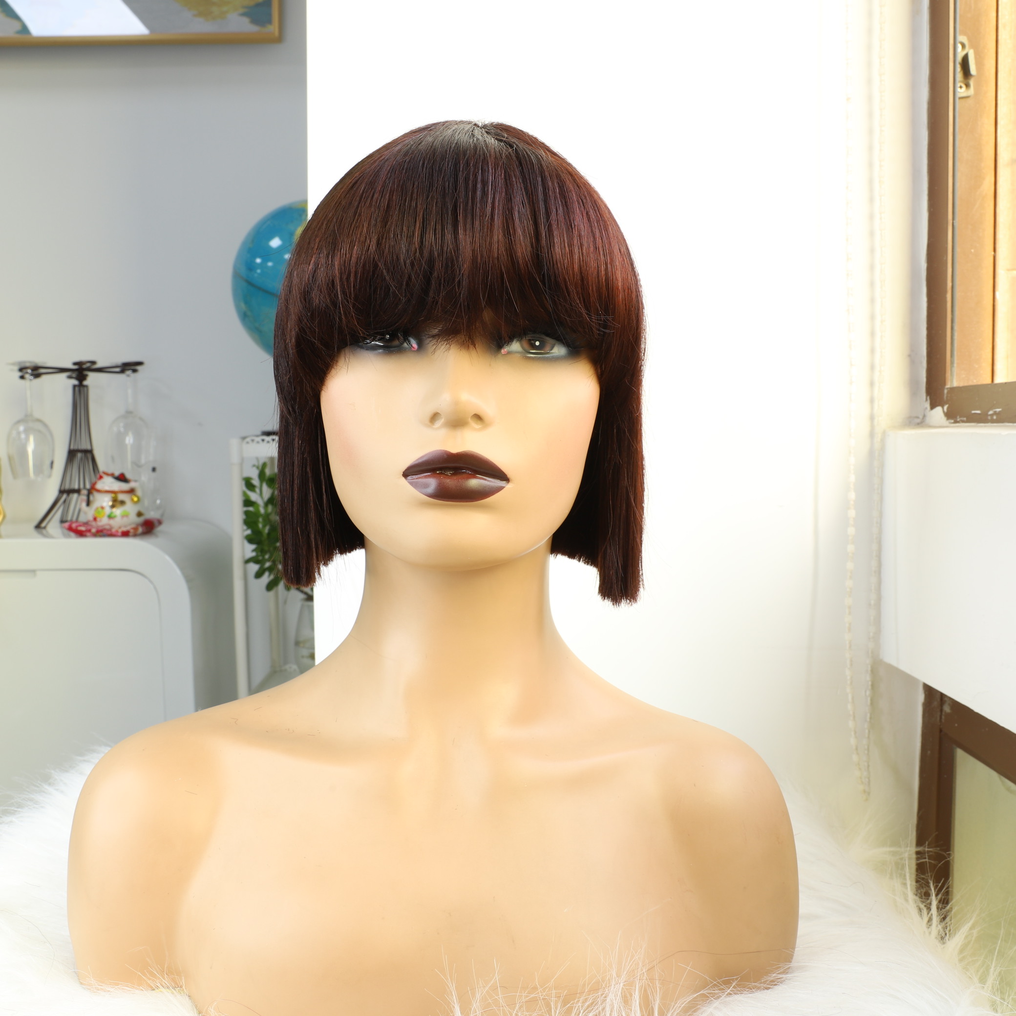 Short Bob Human Hair Wig With Bangs for Women Straight Remy Hair Wigs Dark Brown