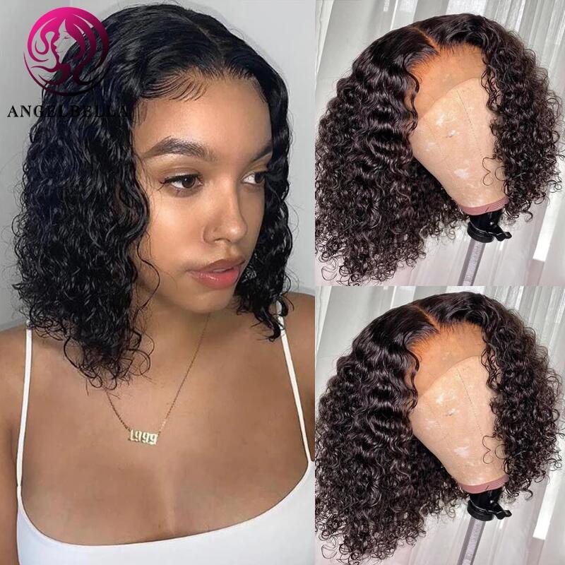 Brazilian Human Hair Wigs Water Wave Bob Wig 150 Density T Part Lace Front Wigs For Black Women
