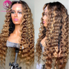 Ombre Highlight 13x4 HD Transparent Lace Front Wigs Human Hair Honey Blonde 4/27 Deep Wave Human Hair Wigs For Black Women Curly Wigs
