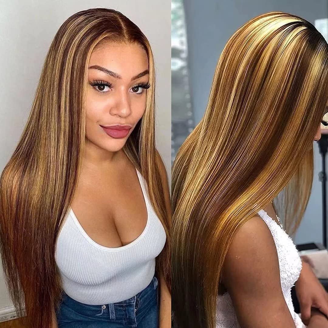 Ombre Blonde Brown Highlight Human Hair 13x4x1 T Part Lace Straight Wigs