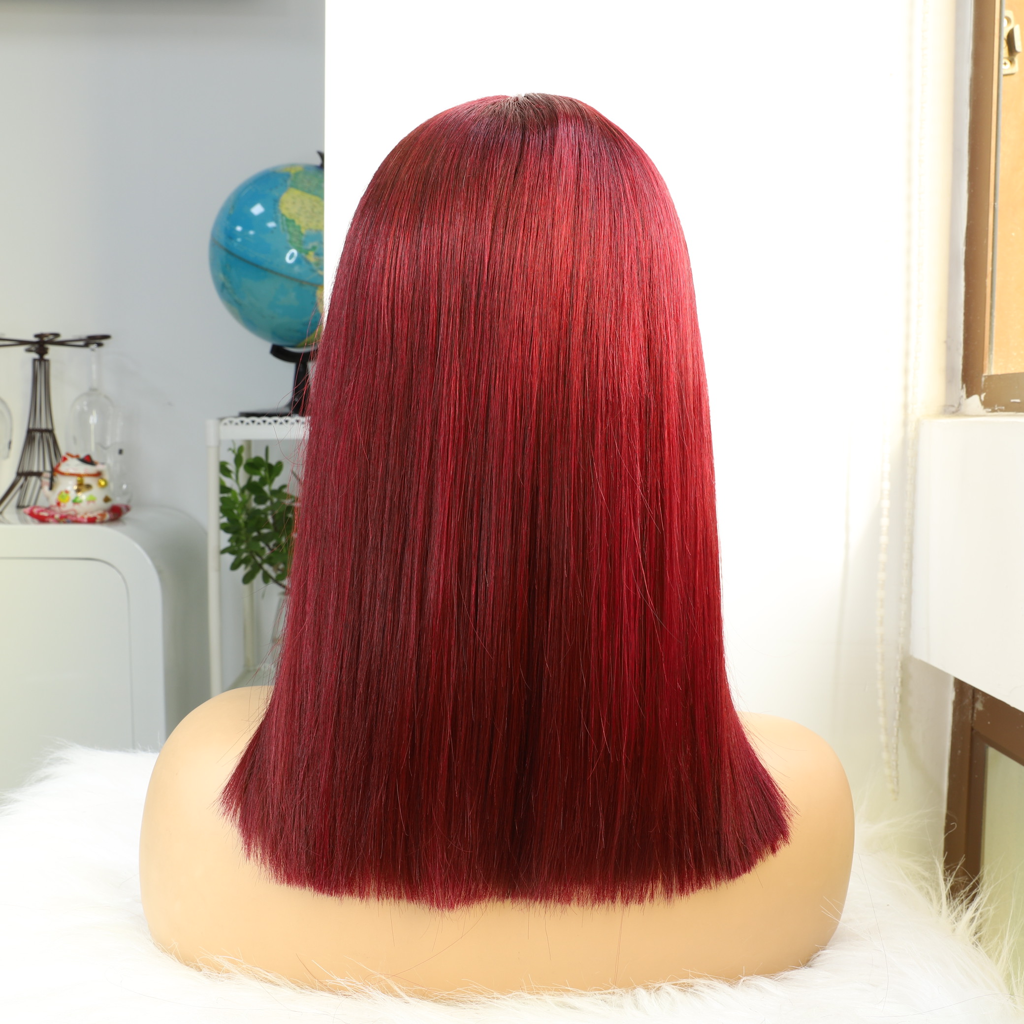 Remy Hair Glueless Lace Front Human Hair Wigs Red Burgundy 99J Color 150% Density Straight Human Hair Wig With Bang