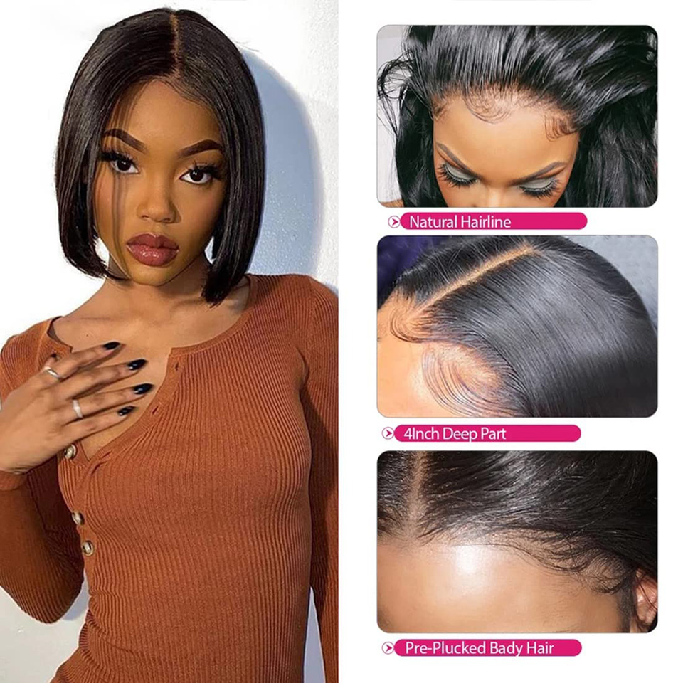 Human Hair Short Bob Wigs with Baby Hair For Black Women Pre Plucked Bleached Knots 10Inch