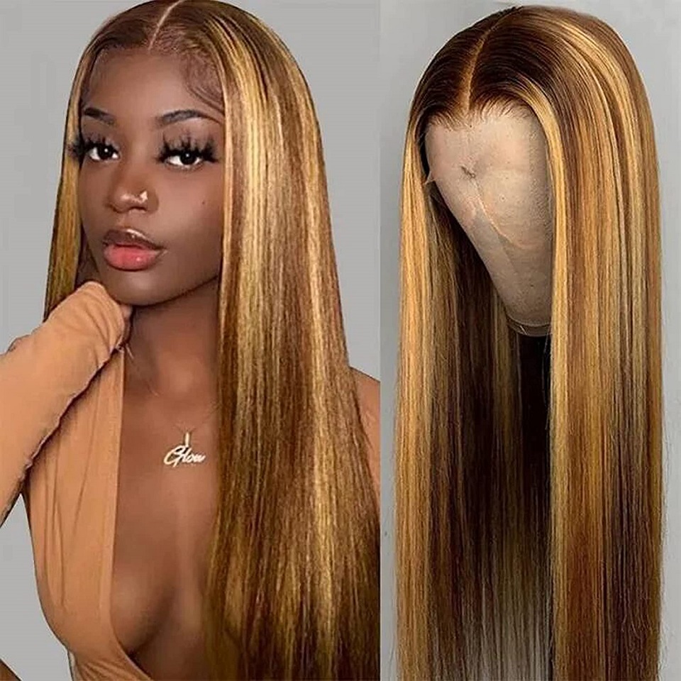 Highlight Ombre Lace Front Wig Human Hair Pre Plucked 13x4 HD Transparent 4/27 Honey Blonde Lace Frontal Wigs with Baby Hair