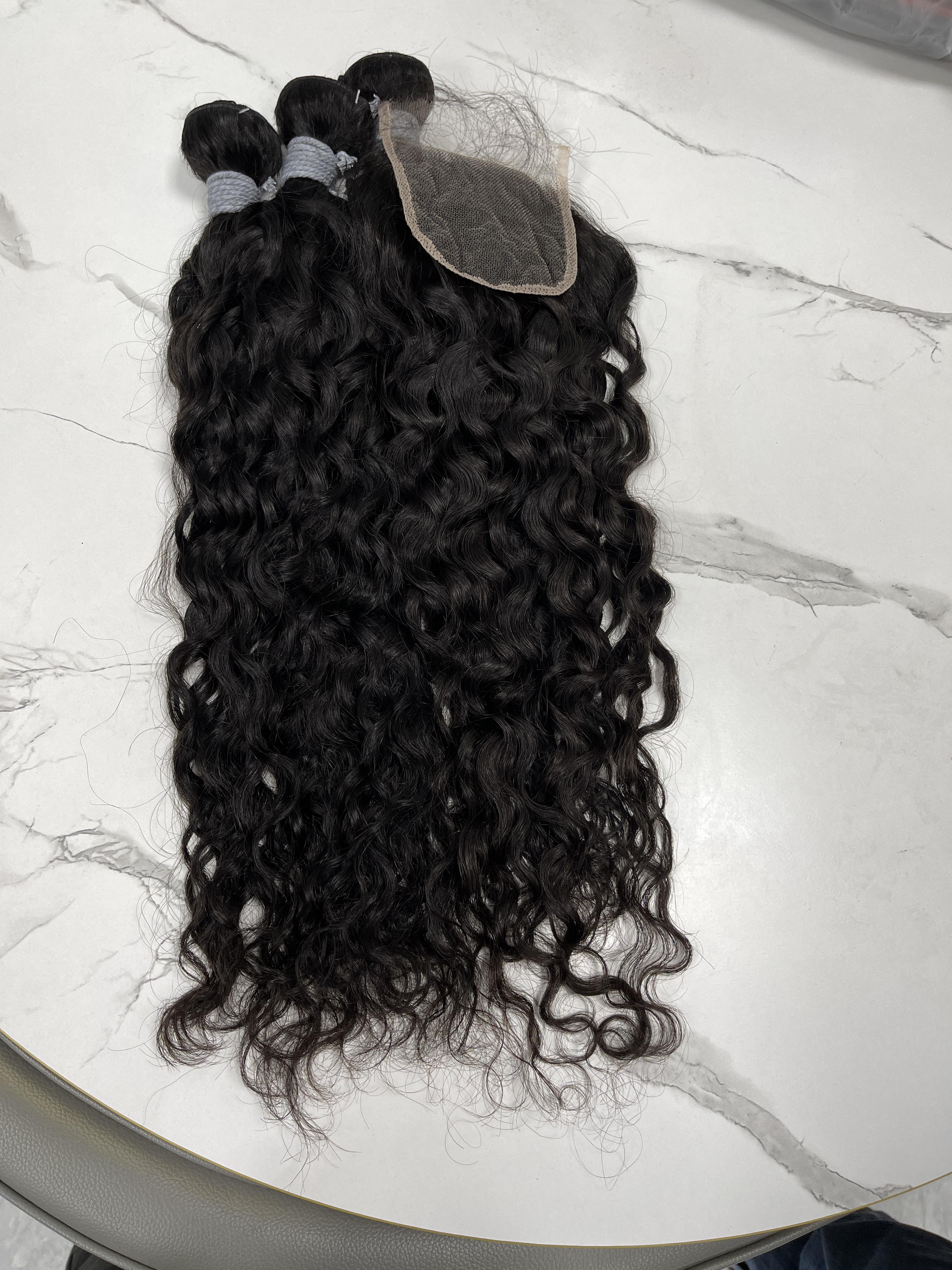 Unprocessed Water Wave Lace Closure with Bundles Human Hair Natural Black Color
