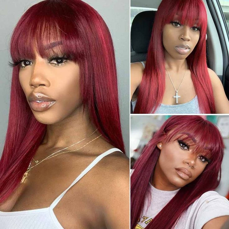 Remy Hair Glueless Lace Front Human Hair Wigs Red Burgundy 99J Color 150% Density Straight Human Hair Wig With Bang